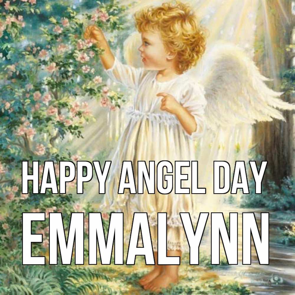Greetings card с именем, Emmalynn happy angel day собирает цветы Greetings with text for free download 