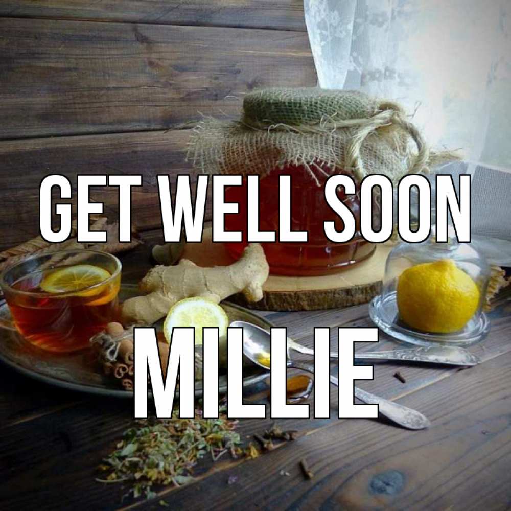 Greetings card с именем, Millie Get well soon банка с медом Greetings with text for free download 