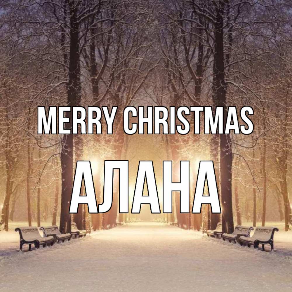 Greetings card с именем, Алана Merry Christmas зима, парк, фонарь, лес Greetings with text for free download 