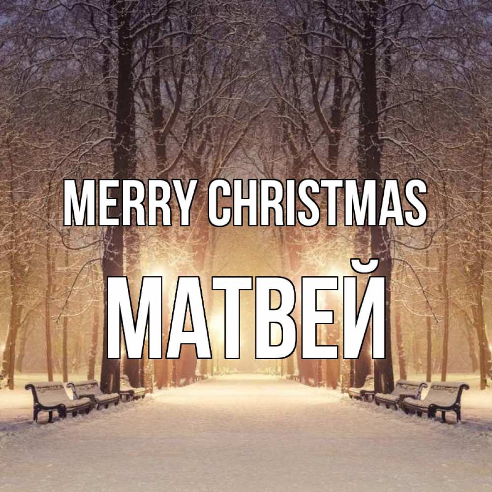 Greetings card с именем, Матвей Merry Christmas зима, парк, фонарь, лес Greetings with text for free download 