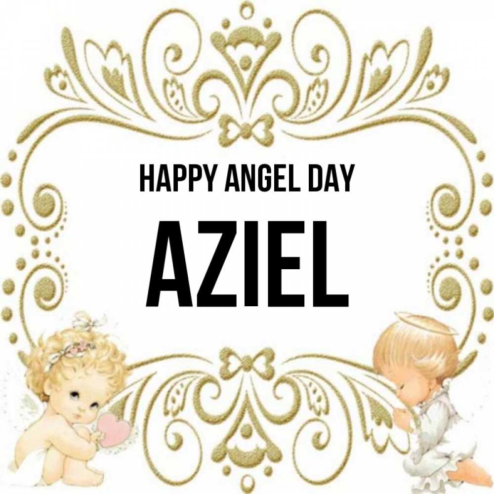 Greetings card с именем, Aziel happy angel day с именинами поздравляют два красивых ангела. Один с сердечком другой молится Greetings with text for free download 