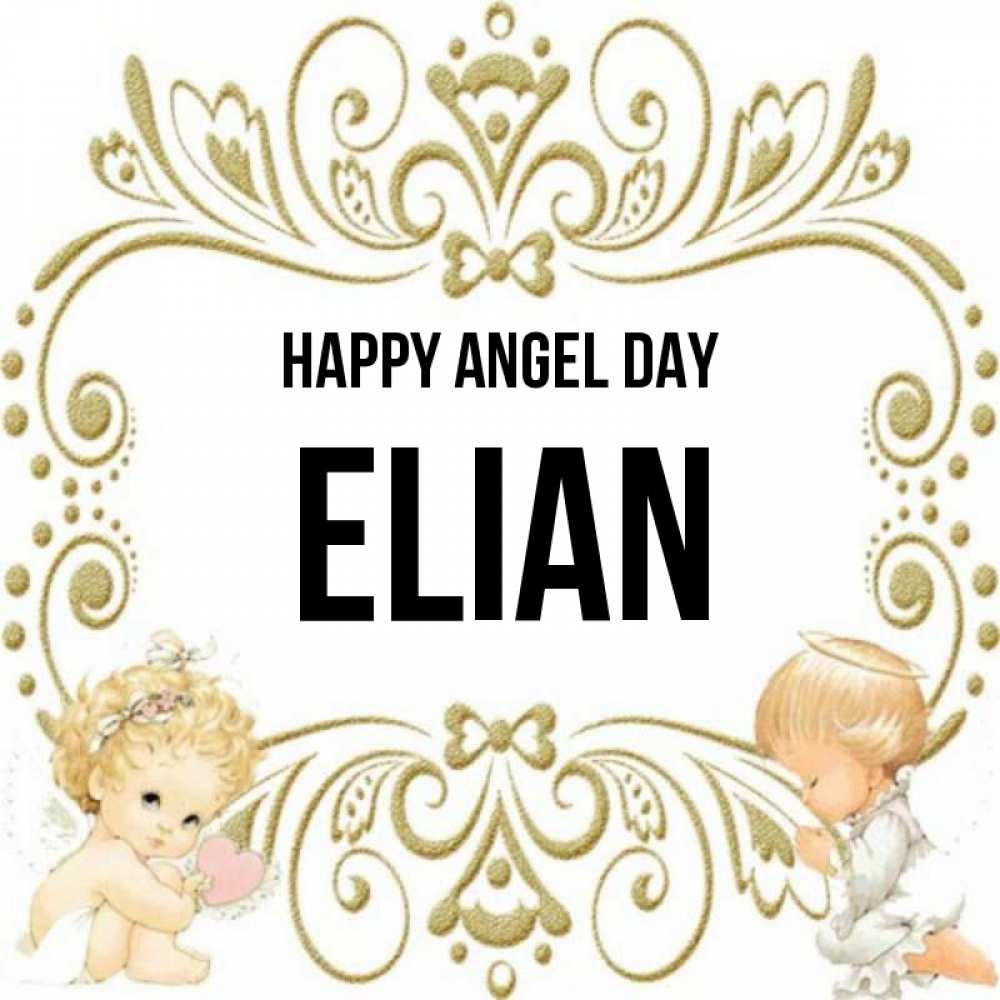 Greetings card с именем, Elian happy angel day с именинами поздравляют два красивых ангела. Один с сердечком другой молится Greetings with text for free download 
