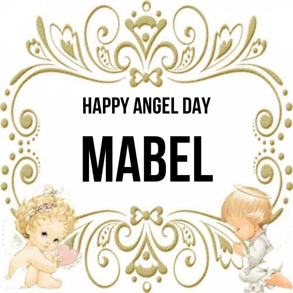 Greetings card с именем, Mabel happy angel day с именинами поздравляют два красивых ангела. Один с сердечком другой молится Greetings with text for free download 