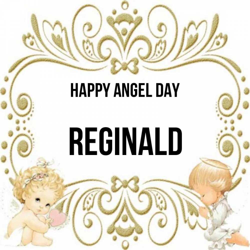 Greetings card с именем, Reginald happy angel day с именинами поздравляют два красивых ангела. Один с сердечком другой молится Greetings with text for free download 
