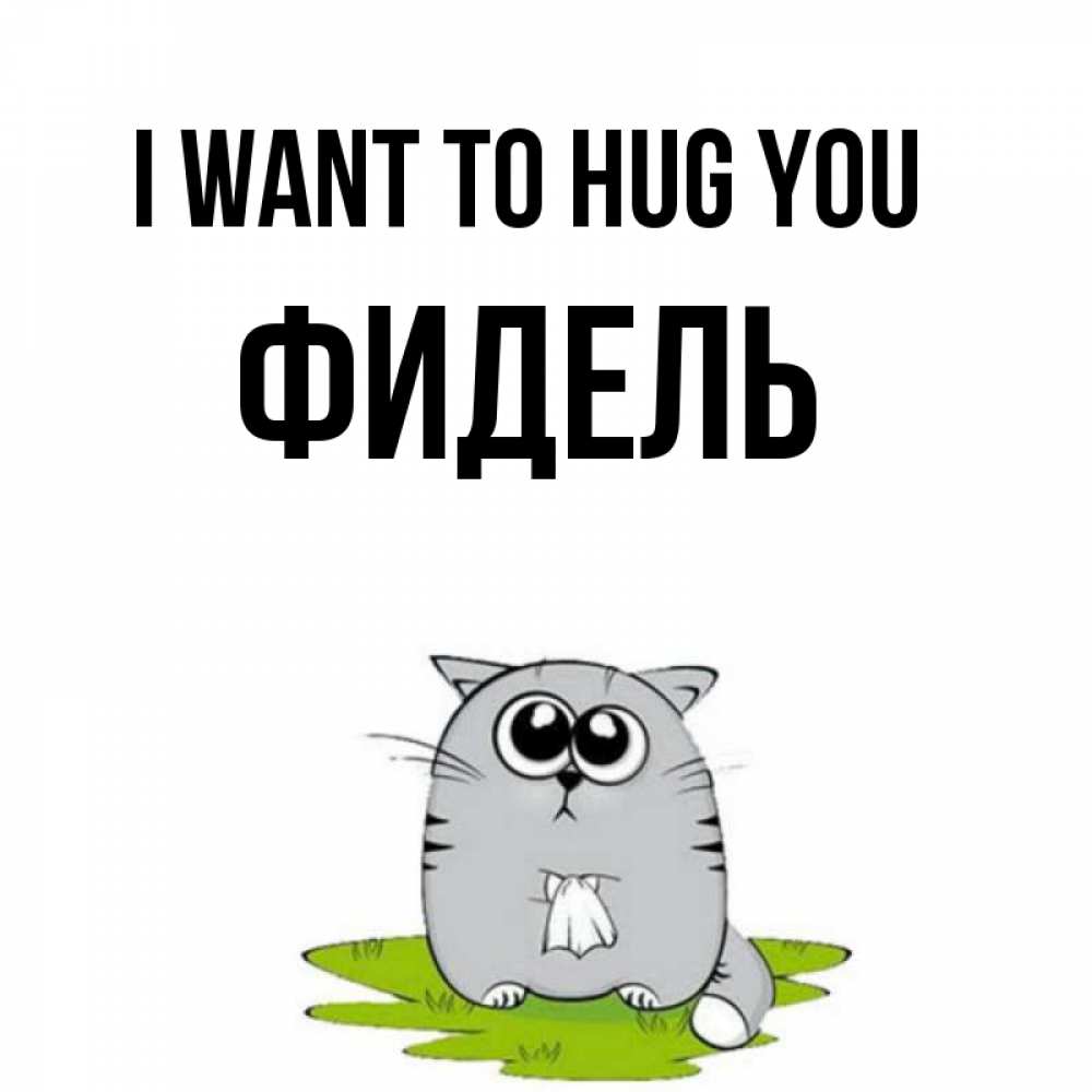 Greetings card с именем, Фидель I want to hug you котик теребит платочек сидя на травке Greetings with text for free download 