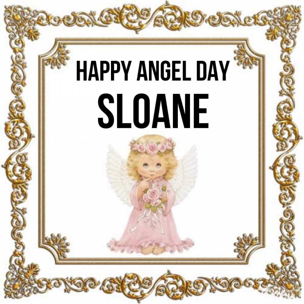 Greetings card с именем, Sloane happy angel day девочка ангел с крыльями и цветами в розовом платье Greetings with text for free download 