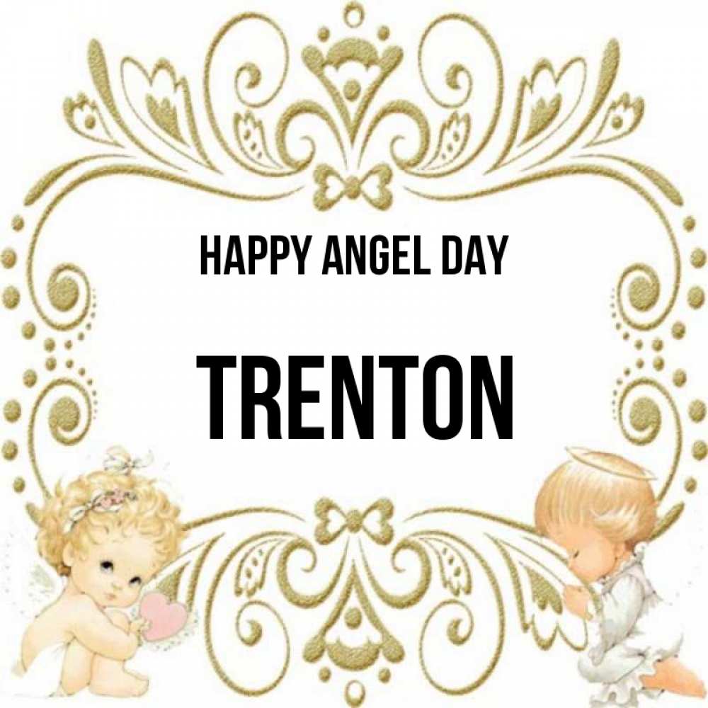 Greetings card с именем, Trenton happy angel day с именинами поздравляют два красивых ангела. Один с сердечком другой молится Greetings with text for free download 
