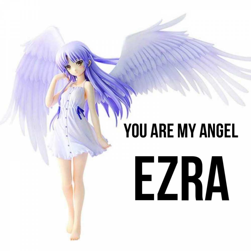 Greetings card с именем, Ezra You are my angel девушка ангел с фиолетовыми крыльями Greetings with text for free download 