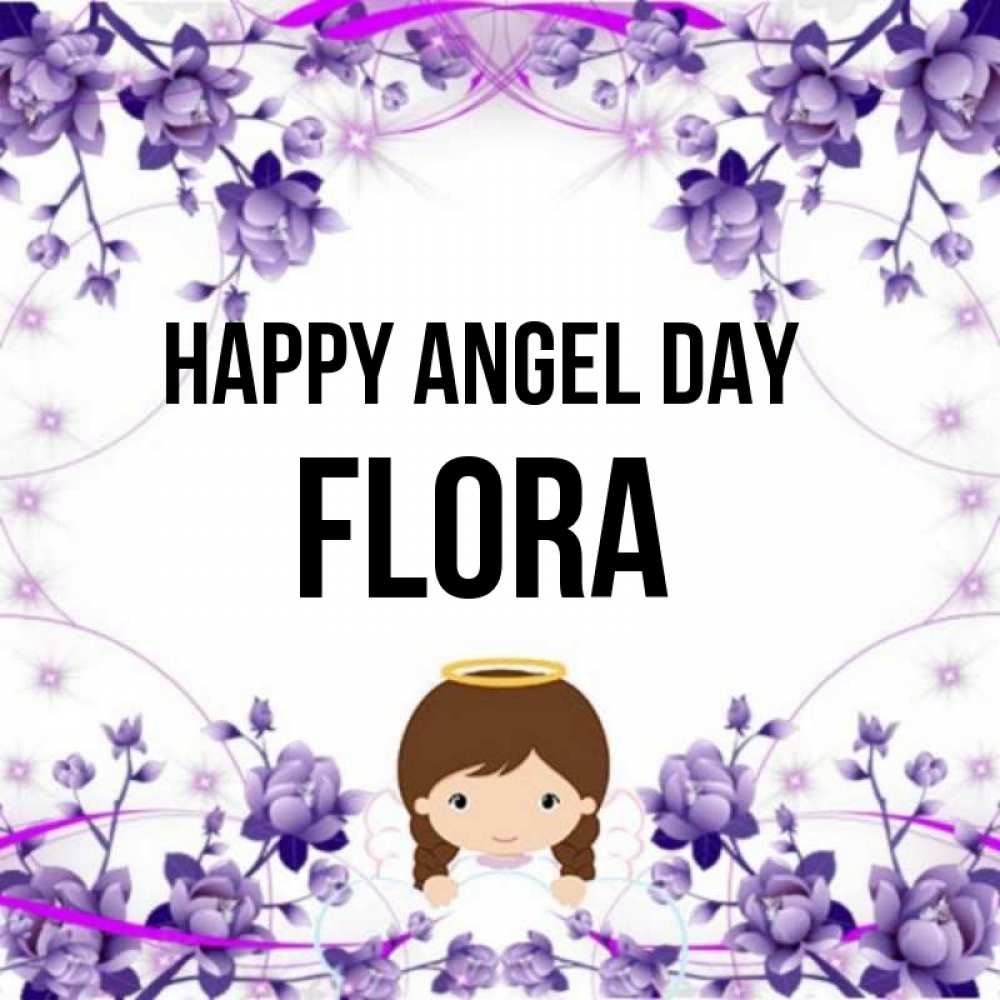 Greetings card с именем, Flora happy angel day с именинами в рамочке Greetings with text for free download 