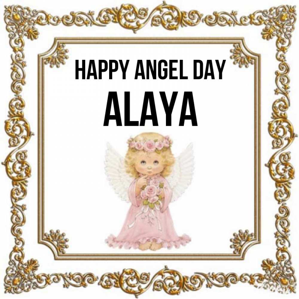 Greetings card с именем, Alaya happy angel day девочка ангел с крыльями и цветами в розовом платье Greetings with text for free download 