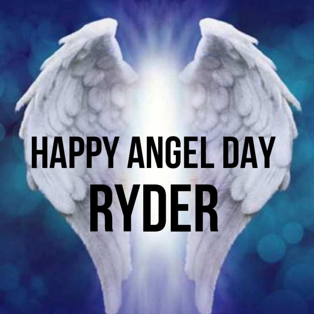 Greetings card с именем, Ryder happy angel day синий фон и крылышки Greetings with text for free download 