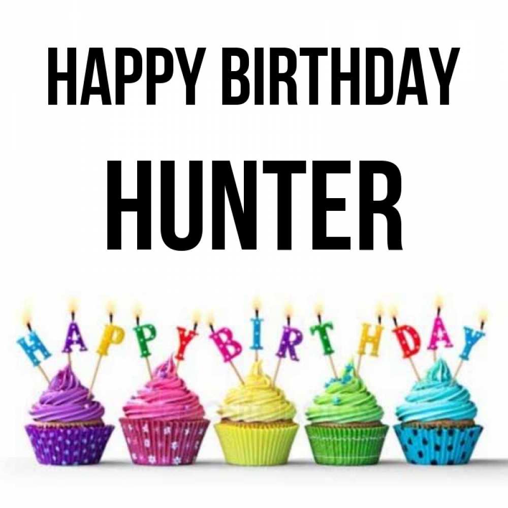 Greetings card с именем, Hunter Happy Birthday открытка ко дню рождения с разноцветными вкусняшками Greetings with text for free download 