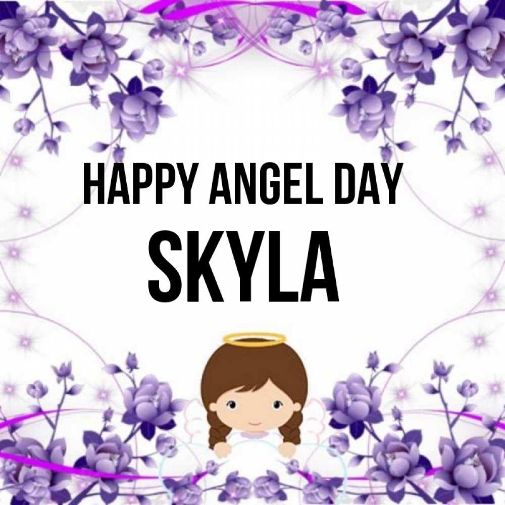 Greetings card с именем, Skyla happy angel day с именинами в рамочке Greetings with text for free download 