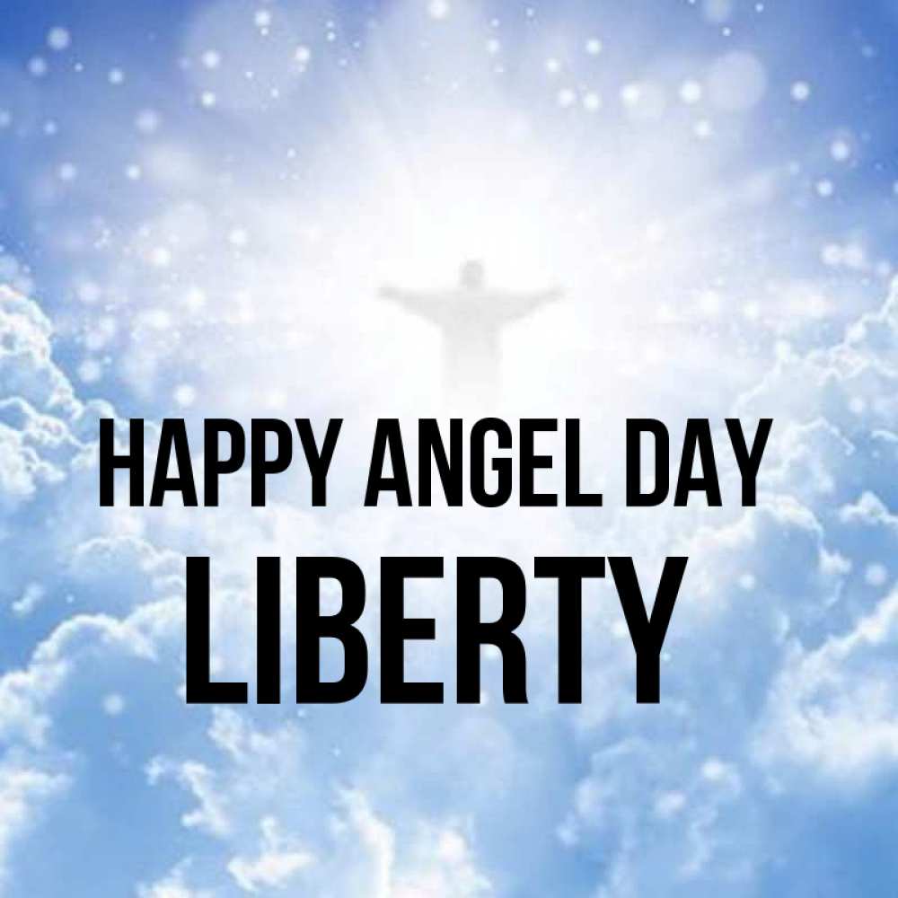 Greetings card с именем, Liberty happy angel day ангел на облаках в свете солнца Greetings with text for free download 