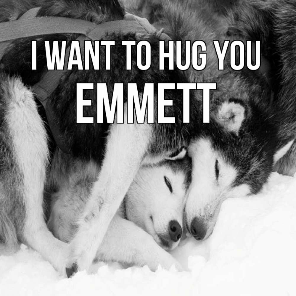 Greetings card с именем, Emmett I want to hug you собачки в упряжке Greetings with text for free download 