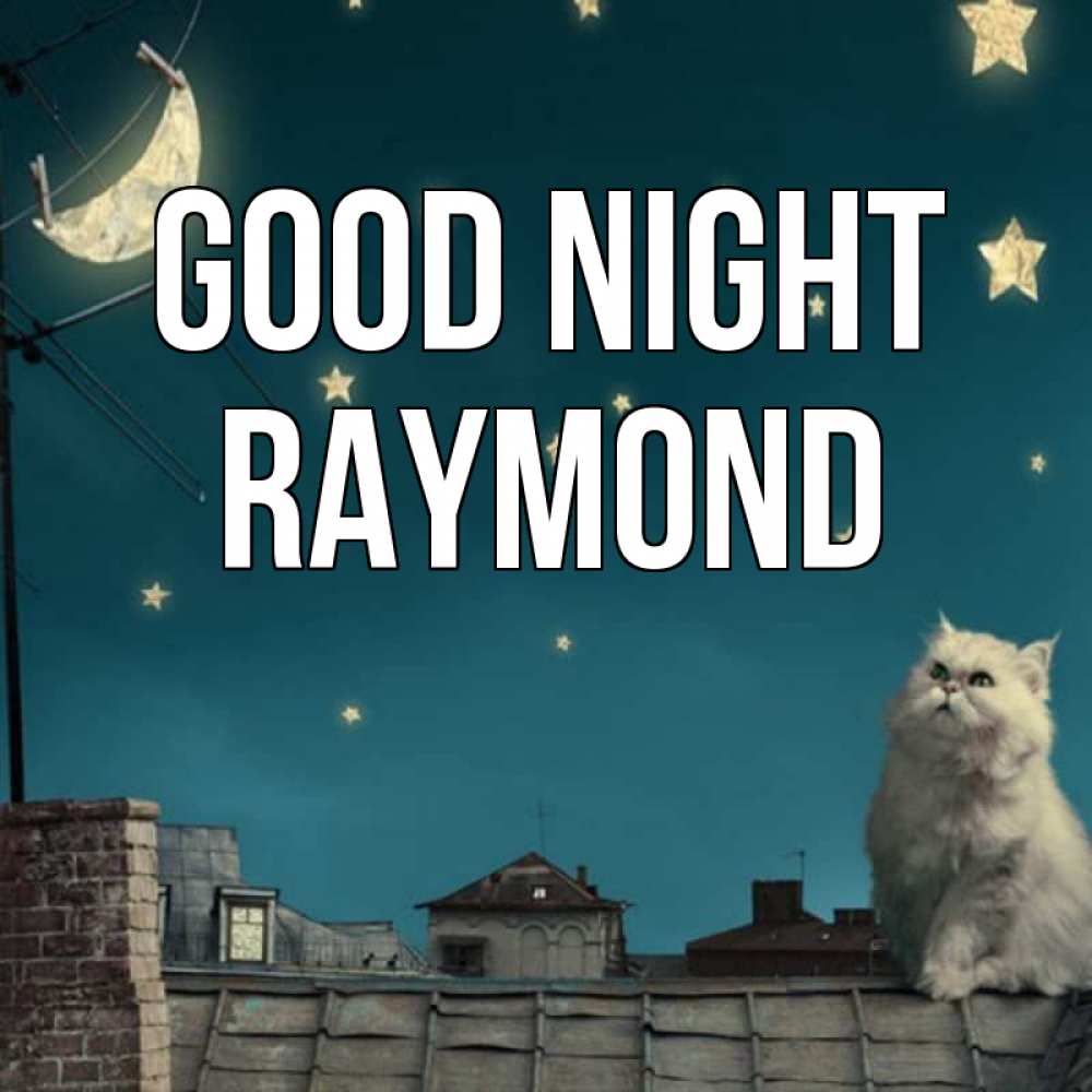 Greetings card с именем, Raymond Good night белый кот сидит на крыше Greetings with text for free download 