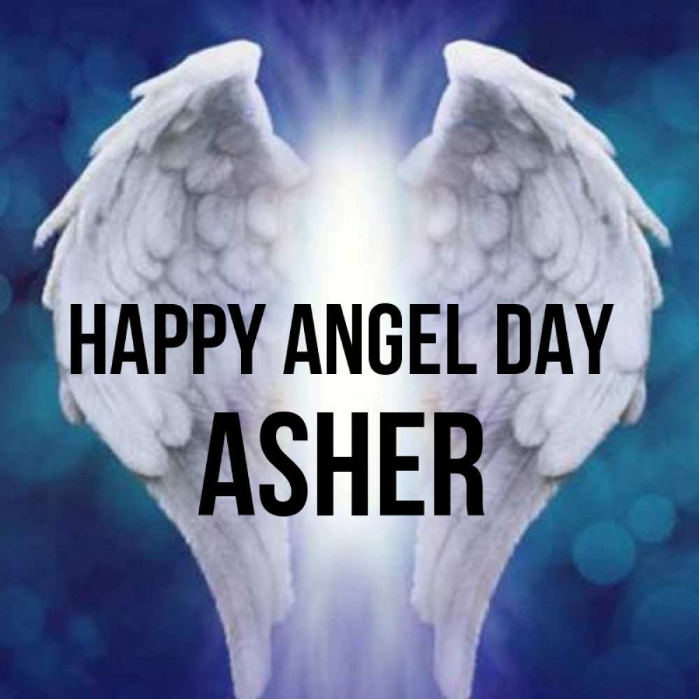 Greetings card с именем, Asher happy angel day синий фон и крылышки Greetings with text for free download 