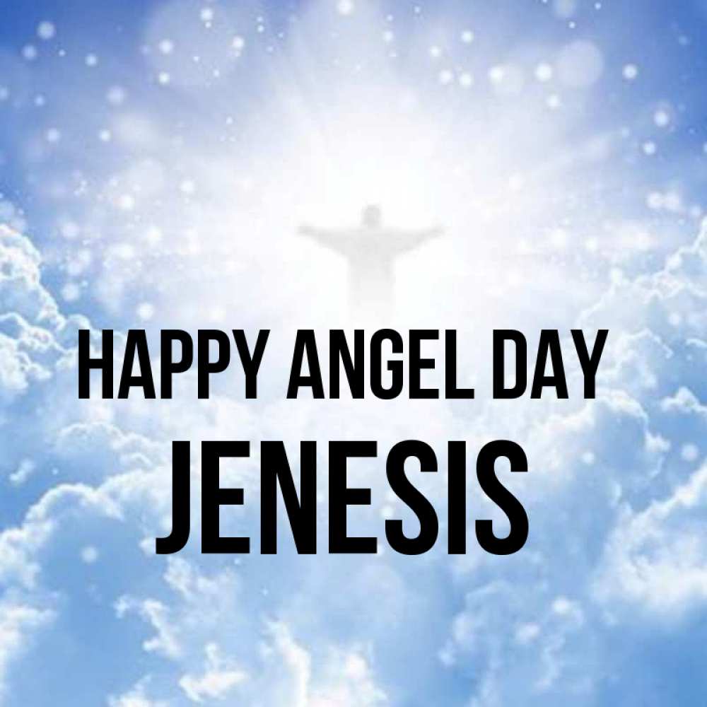 Greetings card с именем, Jenesis happy angel day ангел на облаках в свете солнца Greetings with text for free download 