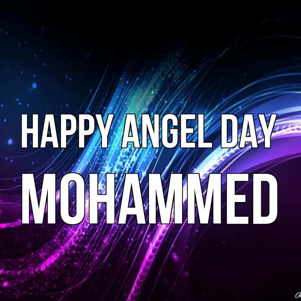 Greetings card с именем, Mohammed happy angel day фиолетовый фон Greetings with text for free download 