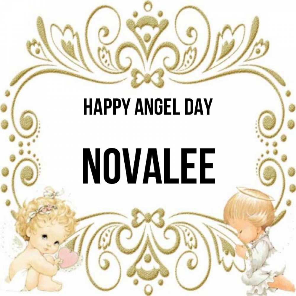 Greetings card с именем, Novalee happy angel day с именинами поздравляют два красивых ангела. Один с сердечком другой молится Greetings with text for free download 