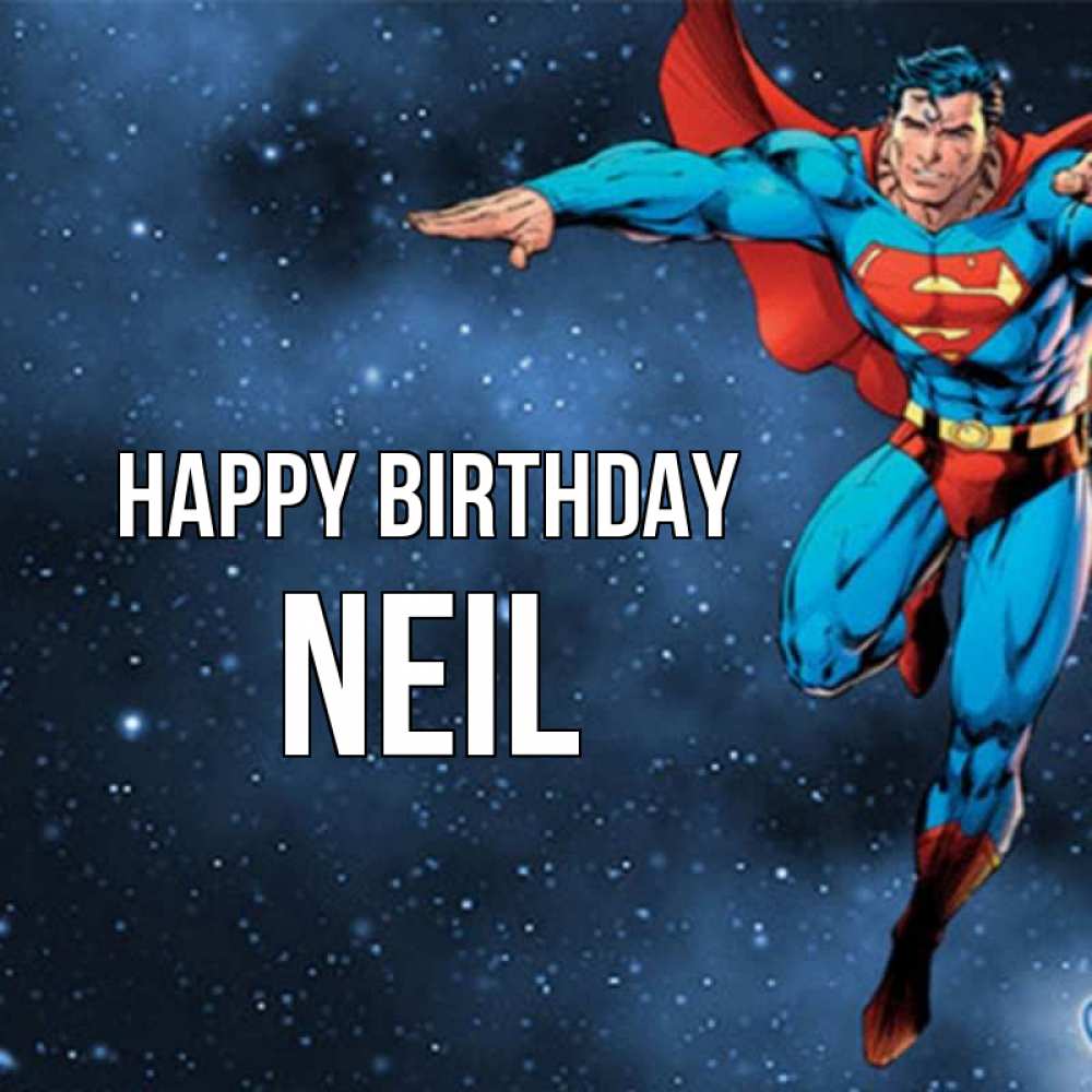 Greetings card с именем, Neil Happy Birthday супергерой Greetings with text for free download 