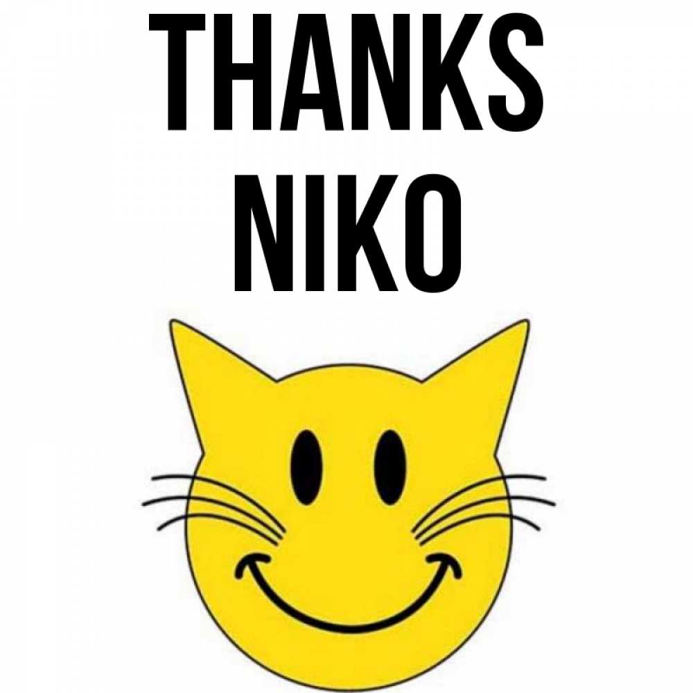 Greetings card с именем, Niko Thanks улыбающийся смайл кот Greetings with text for free download 