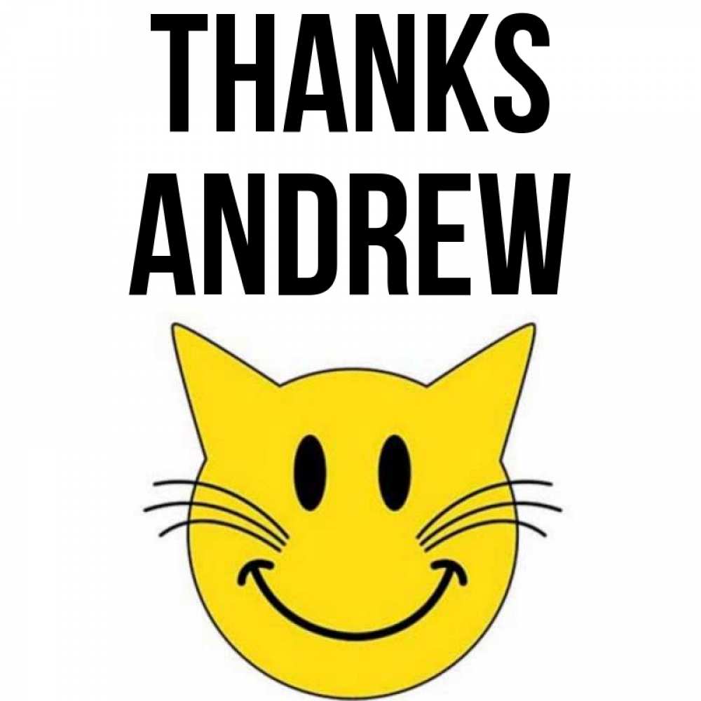 Greetings card с именем, Andrew Thanks улыбающийся смайл кот Greetings with text for free download 