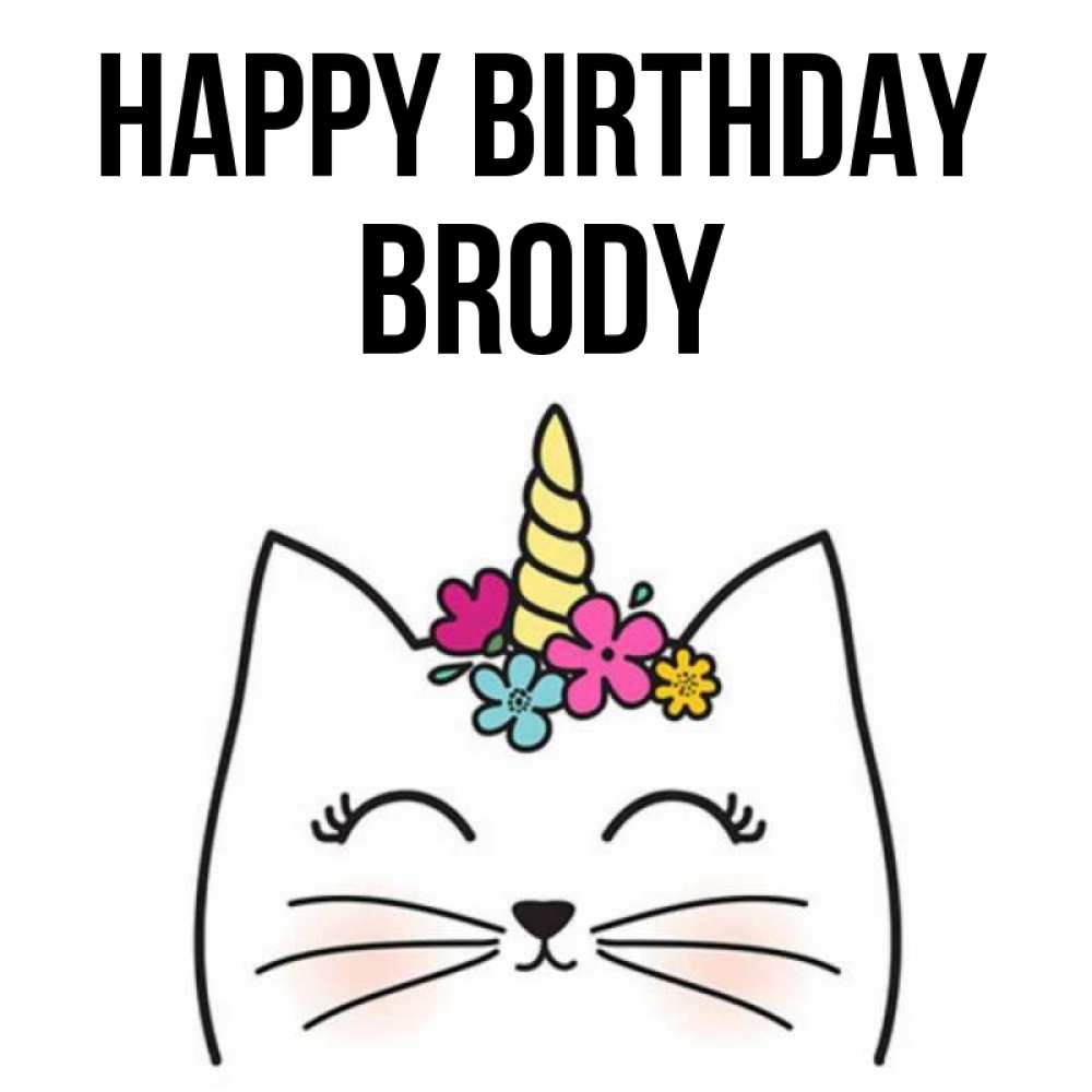 Greetings card с именем, Brody Happy Birthday милый кот с одним рожком Greetings with text for free download 