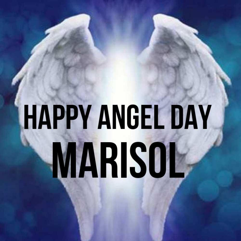Greetings card с именем, Marisol happy angel day синий фон и крылышки Greetings with text for free download 