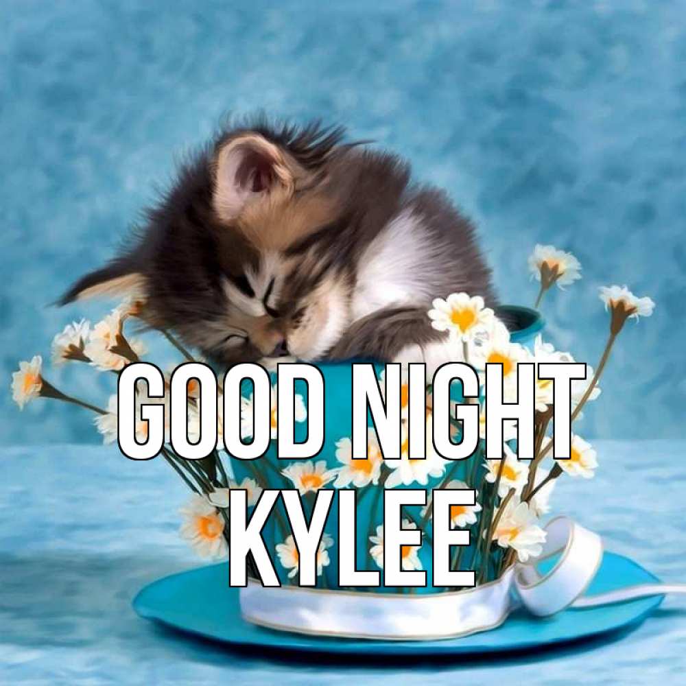 Greetings card с именем, Kylee Good night котенок спит в кружке с блюдцем Greetings with text for free download 