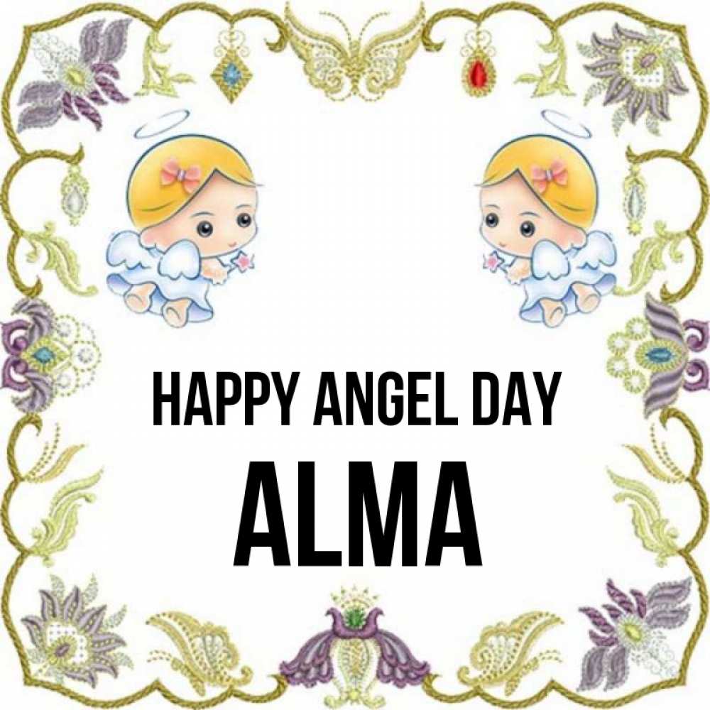 Greetings card с именем, Alma happy angel day маленькие ангелы с крылышками Greetings with text for free download 