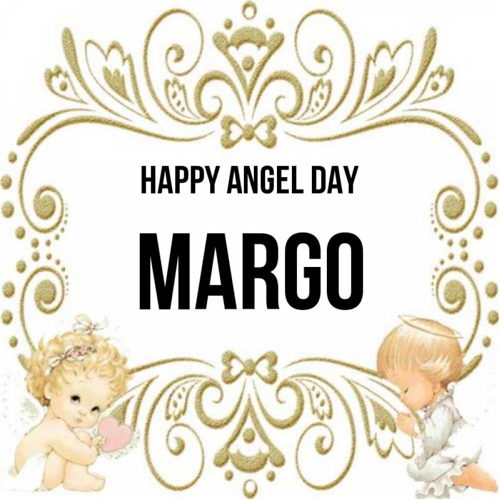 Greetings card с именем, Margo happy angel day с именинами поздравляют два красивых ангела. Один с сердечком другой молится Greetings with text for free download 