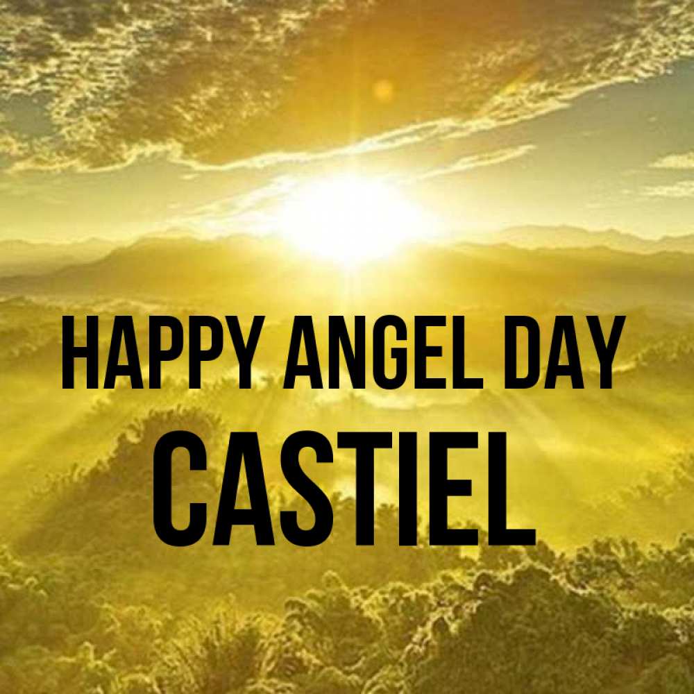 Greetings card с именем, Castiel happy angel day леса и небо в желтом Greetings with text for free download 