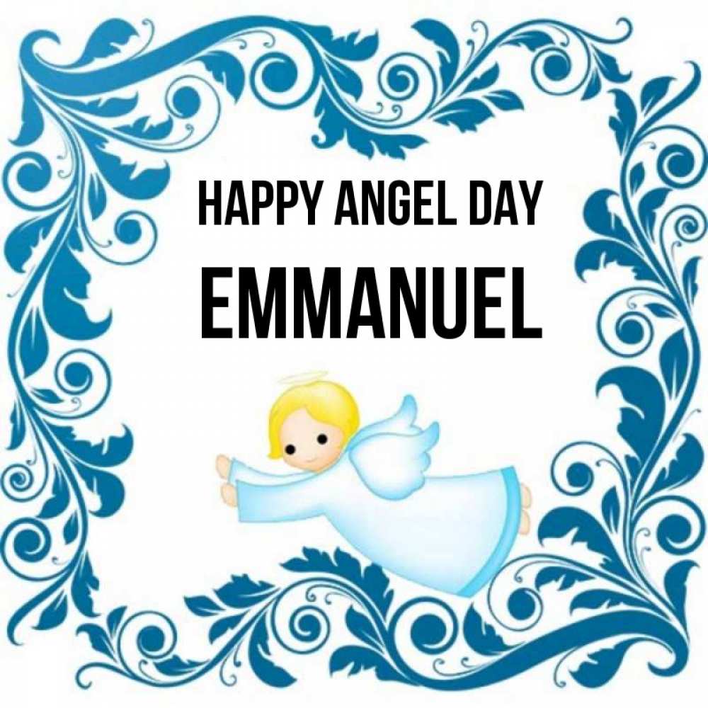 Greetings card с именем, Emmanuel happy angel day девочка ангел и синяя рамка Greetings with text for free download 