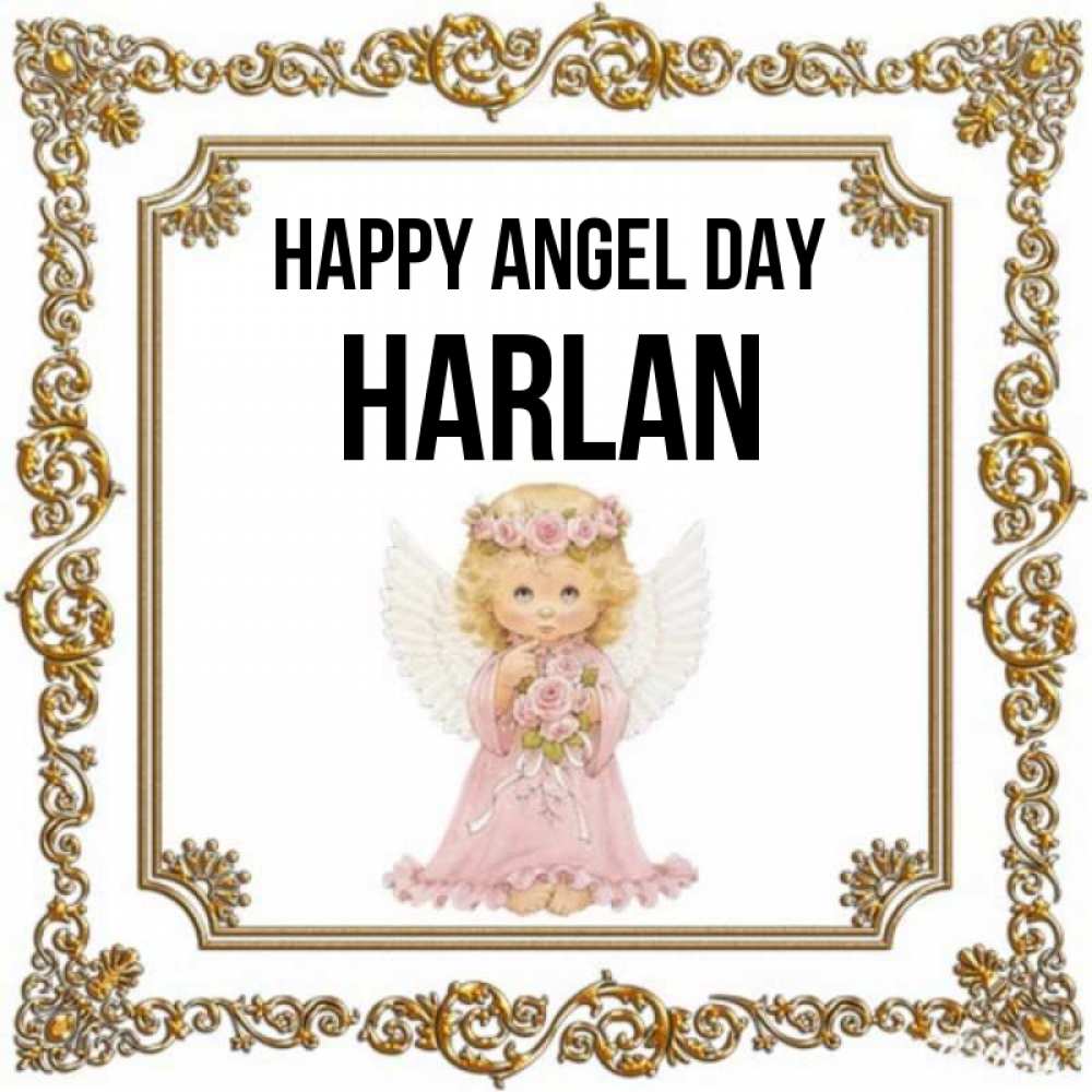 Greetings card с именем, Harlan happy angel day девочка ангел с крыльями и цветами в розовом платье Greetings with text for free download 