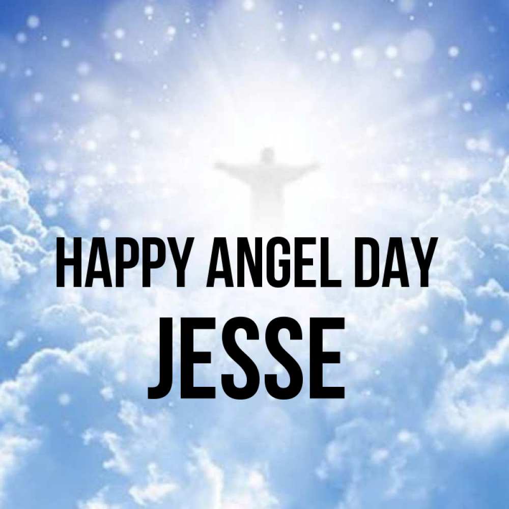Greetings card с именем, Jesse happy angel day ангел на облаках в свете солнца Greetings with text for free download 