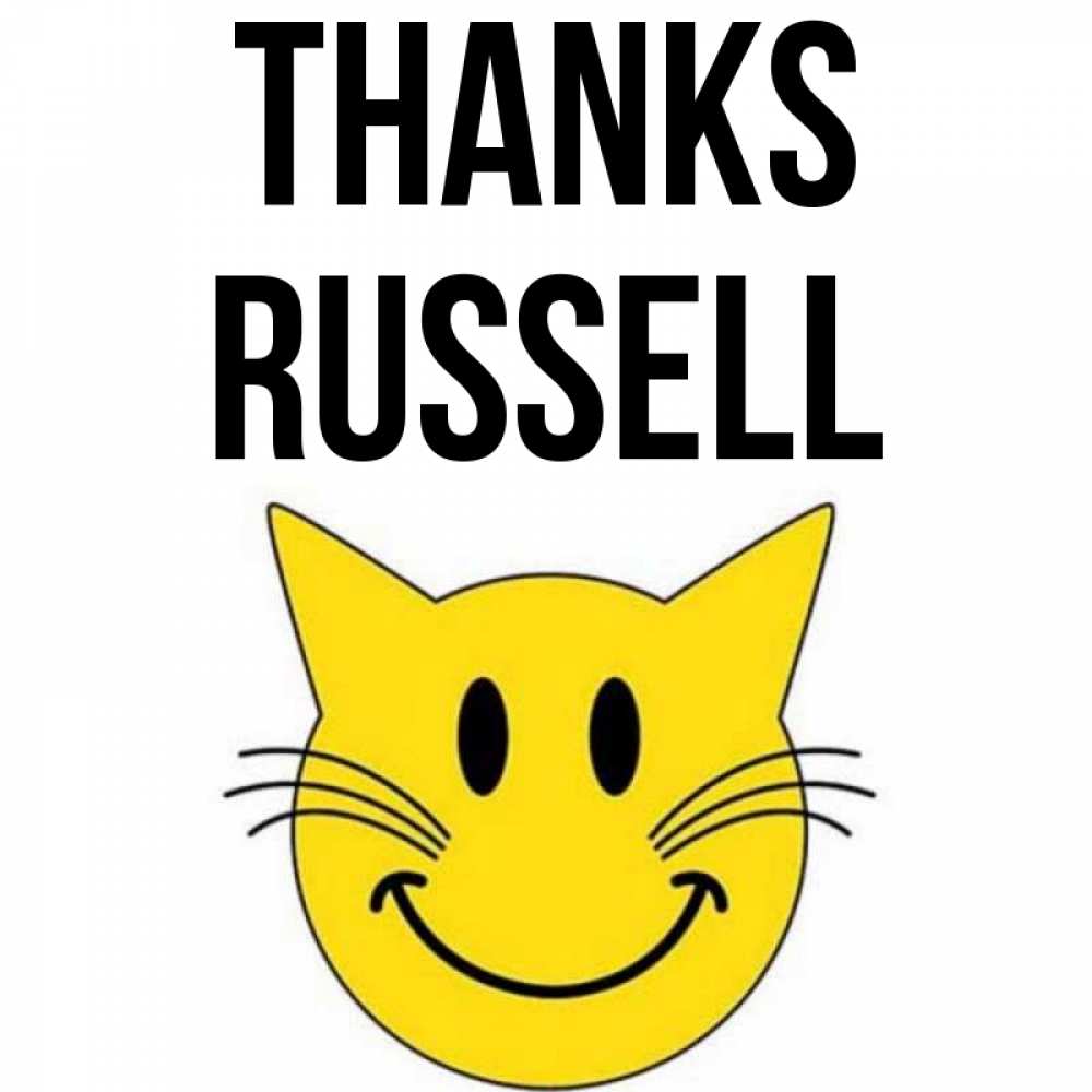 Greetings card с именем, Russell Thanks улыбающийся смайл кот Greetings with text for free download 