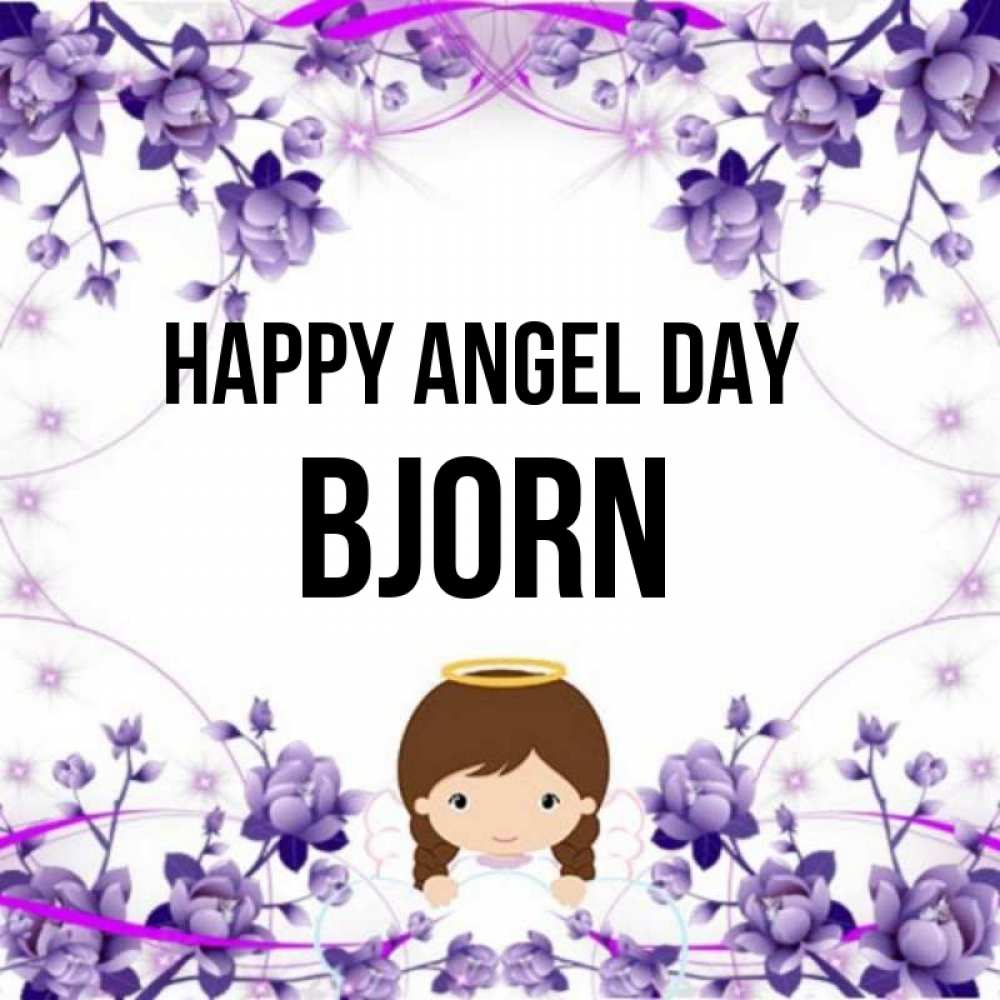 Greetings card с именем, Bjorn happy angel day с именинами в рамочке Greetings with text for free download 