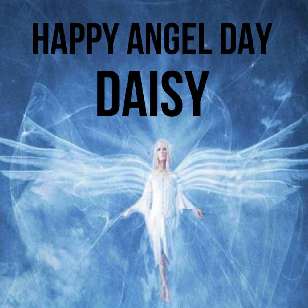 Greetings card с именем, Daisy happy angel day голубой фон и крылья как у стрекозы Greetings with text for free download 