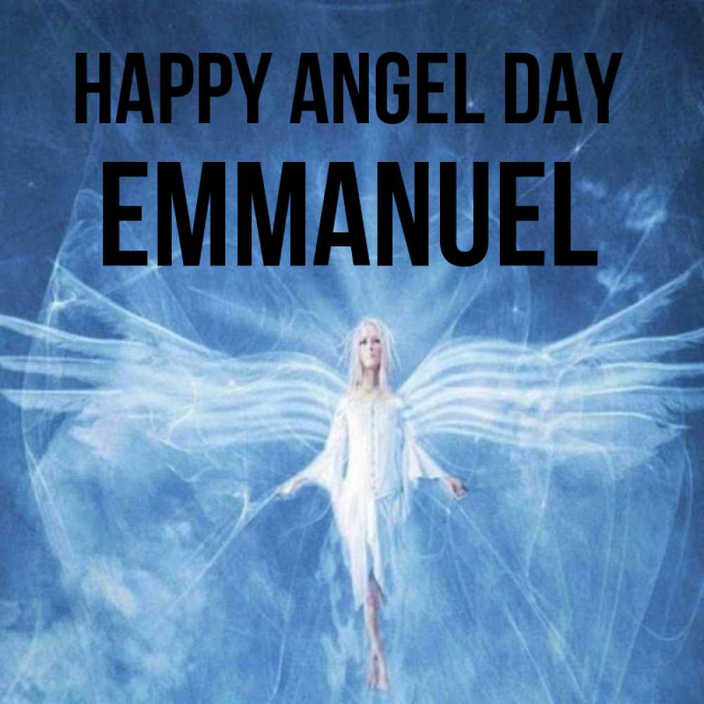Greetings card с именем, Emmanuel happy angel day голубой фон и крылья как у стрекозы Greetings with text for free download 