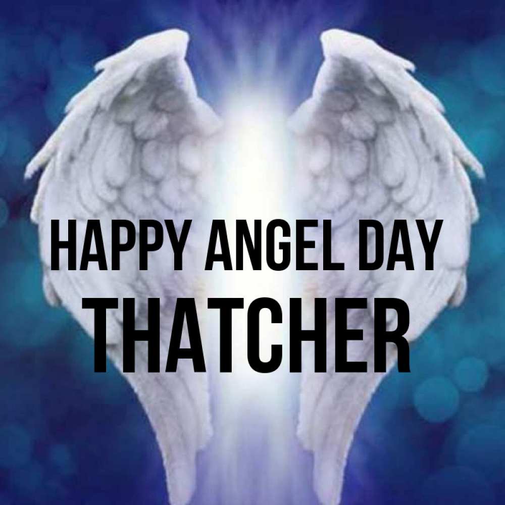 Greetings card с именем, Thatcher happy angel day синий фон и крылышки Greetings with text for free download 