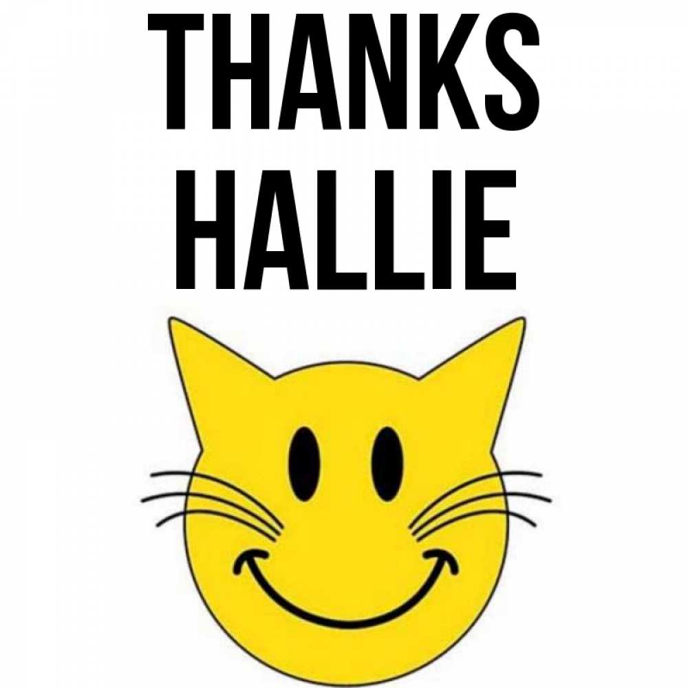 Greetings card с именем, Hallie Thanks улыбающийся смайл кот Greetings with text for free download 
