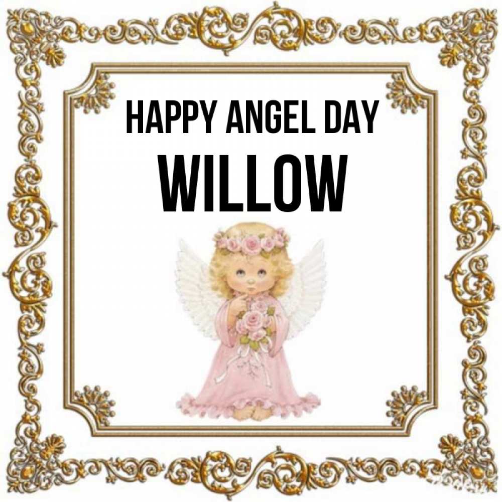 Greetings card с именем, Willow happy angel day девочка ангел с крыльями и цветами в розовом платье Greetings with text for free download 