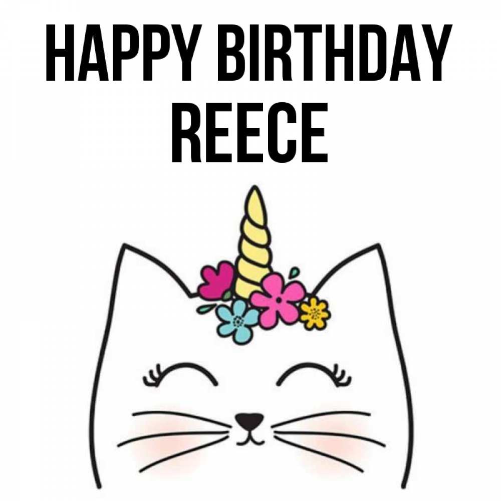 Greetings card с именем, Reece Happy Birthday милый кот с одним рожком Greetings with text for free download 