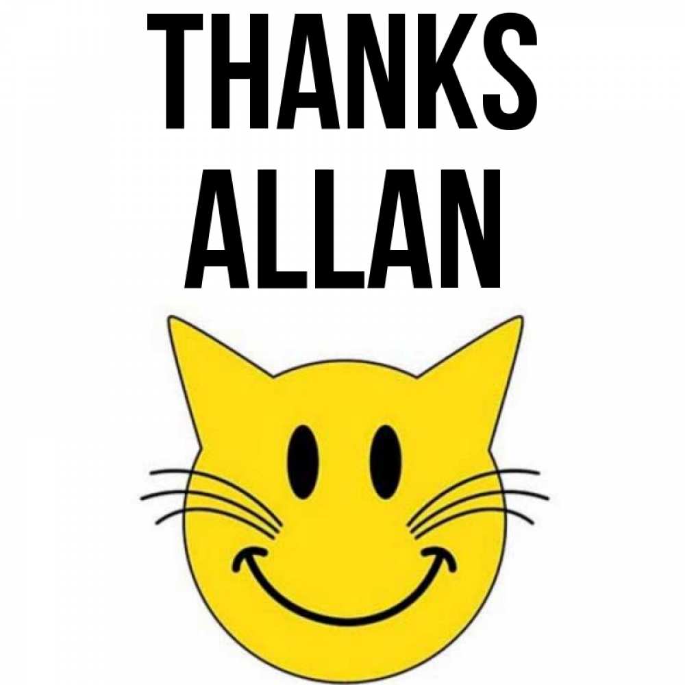 Greetings card с именем, Allan Thanks улыбающийся смайл кот Greetings with text for free download 
