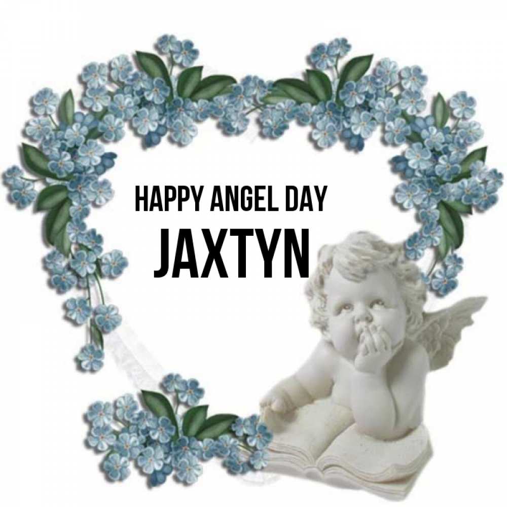 Greetings card с именем, Jaxtyn happy angel day голубые цветы и мраморный ангел Greetings with text for free download 