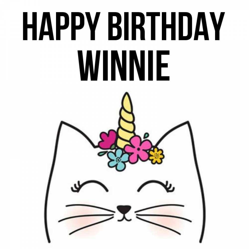 Greetings card с именем, Winnie Happy Birthday милый кот с одним рожком Greetings with text for free download 
