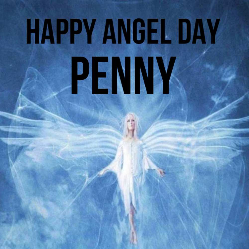Greetings card с именем, Penny happy angel day голубой фон и крылья как у стрекозы Greetings with text for free download 