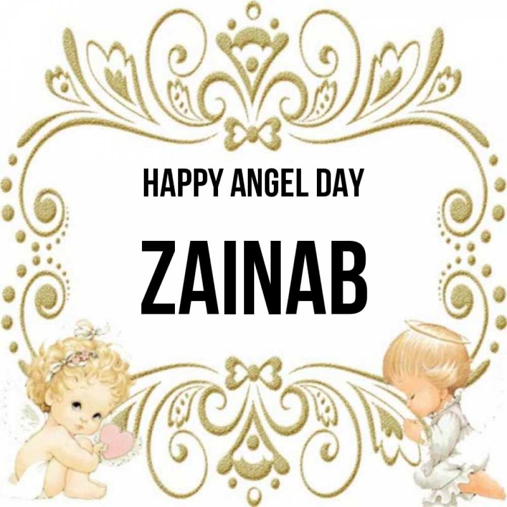 Greetings card с именем, Zainab happy angel day с именинами поздравляют два красивых ангела. Один с сердечком другой молится Greetings with text for free download 