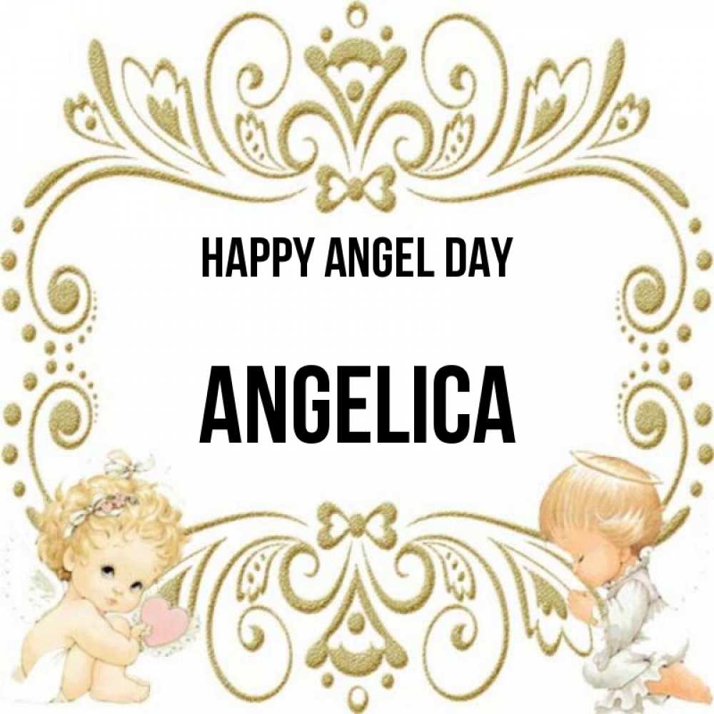 Greetings card с именем, Angelica happy angel day с именинами поздравляют два красивых ангела. Один с сердечком другой молится Greetings with text for free download 